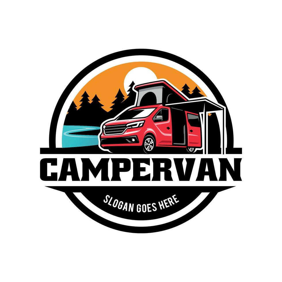 camping auto camper busje met knal omhoog tent en luifel illustratie logo vector