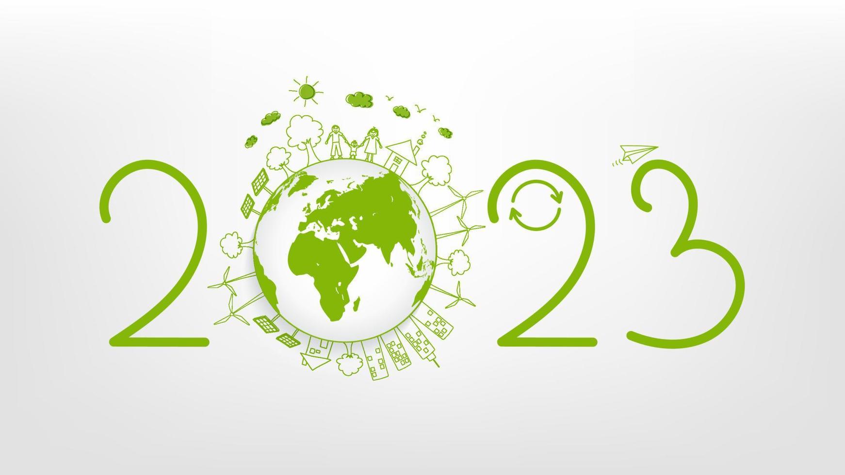 nieuw jaar 2023 eco vriendelijk, duurzaamheid planning concept en wereld milieu met tekening pictogrammen, vector illustratie