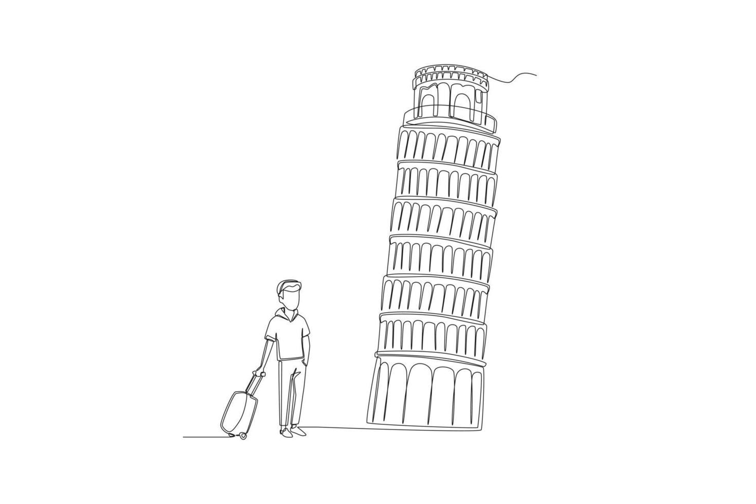 doorlopend een lijn tekening jong zakenman met koffer reizen naar Pisa toren in Italië. mijlpaal concept. single lijn trek ontwerp vector grafisch illustratie.