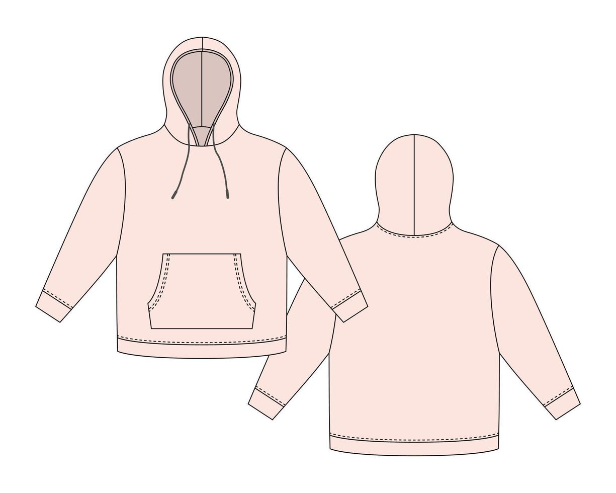 capuchon sjabloon in licht roze kleur. kleding hoody technisch schetsen mockup vector