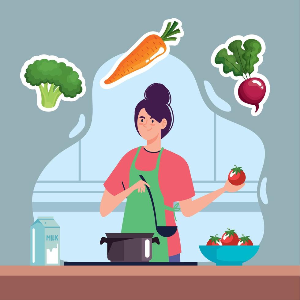 vrouw Koken vegetarisch voedsel vector