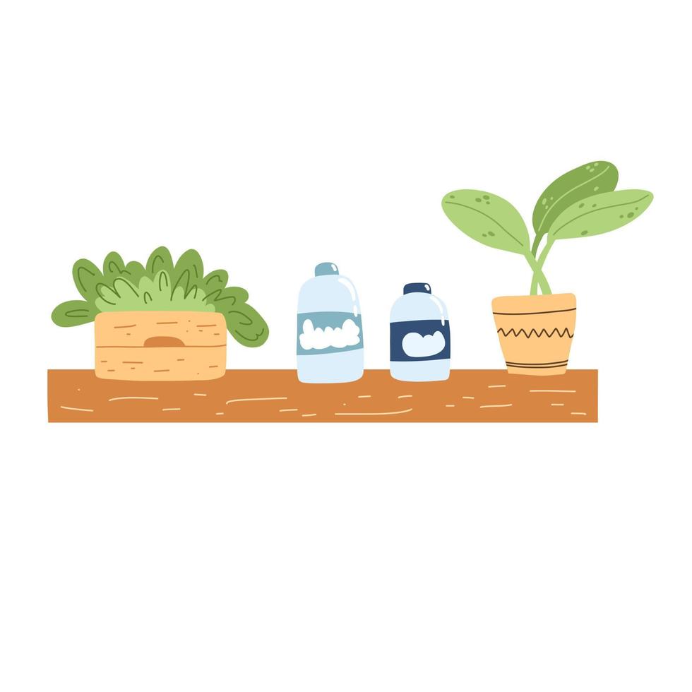 badkamer plank met flessen en planten in tekenfilm vlak stijl. vector illustratie van knus modern plank.