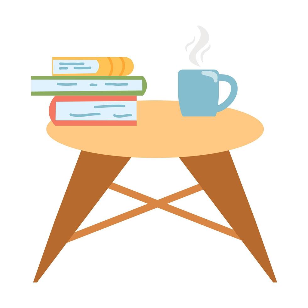 klein tafel met een stack van boeken en een kop van koffie of thee in tekenfilm vlak stijl. vector illustratie van interieur meubilair, knus huis.