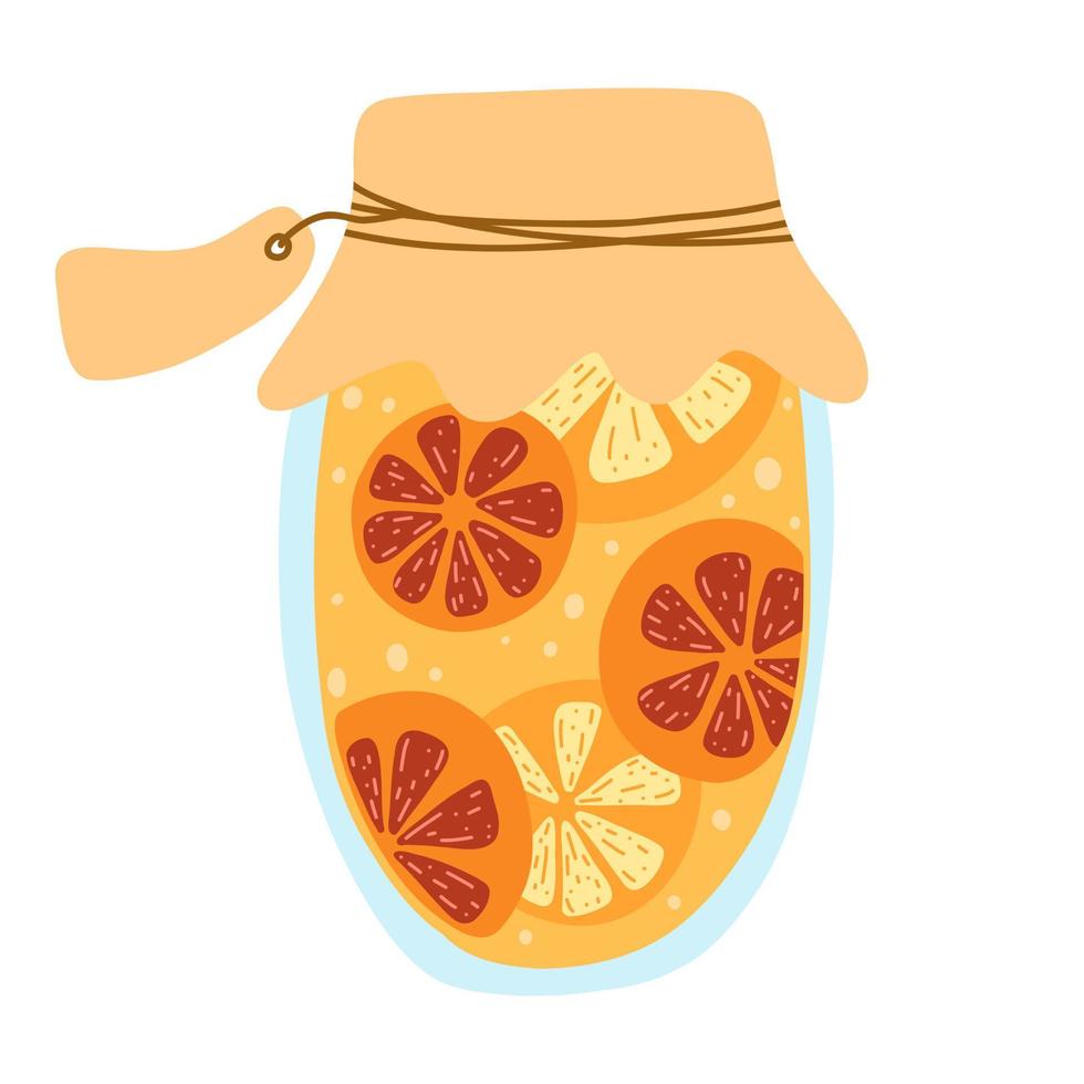 huis gemaakt oranje en grapefruit jam kan, ingeblikt fruit in tekenfilm hand- getrokken vlak stijl. vector illustratie van glas pot met bewaard gebleven voedsel, compote, marmelade. herfst oogst seizoen