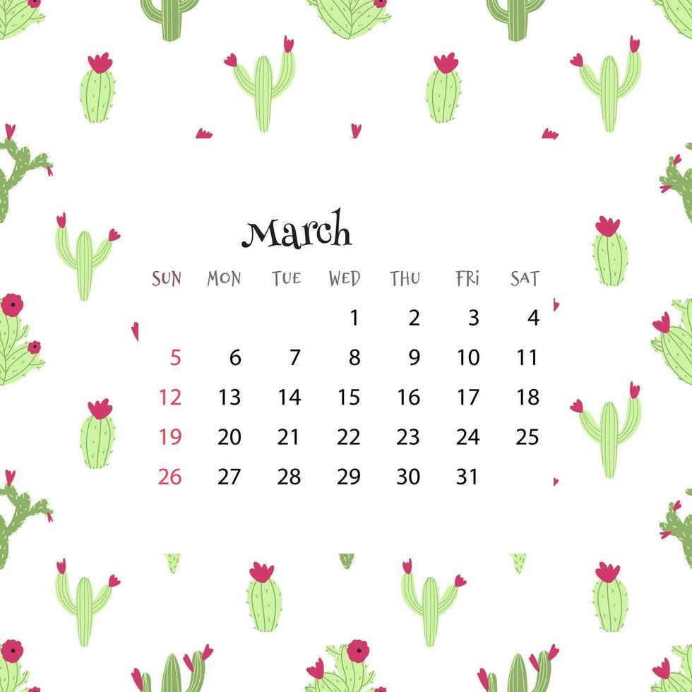 2023 kalender voor maart. vector illustratie van maand kalender Aan naadloos patroon met cactus in tekenfilm vlak stijl. kleurrijk achtergrondgeluid met maand rooster.