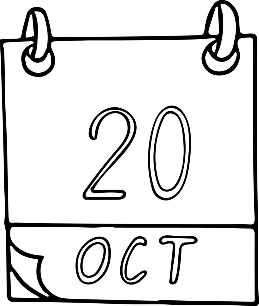 kalender hand- getrokken in tekening stijl. oktober 20. Internationale koks dag, wereld statistieken, lucht verkeer controleur, osteoporose, datum. icoon, sticker element voor ontwerp. planning, bedrijf vakantie vector