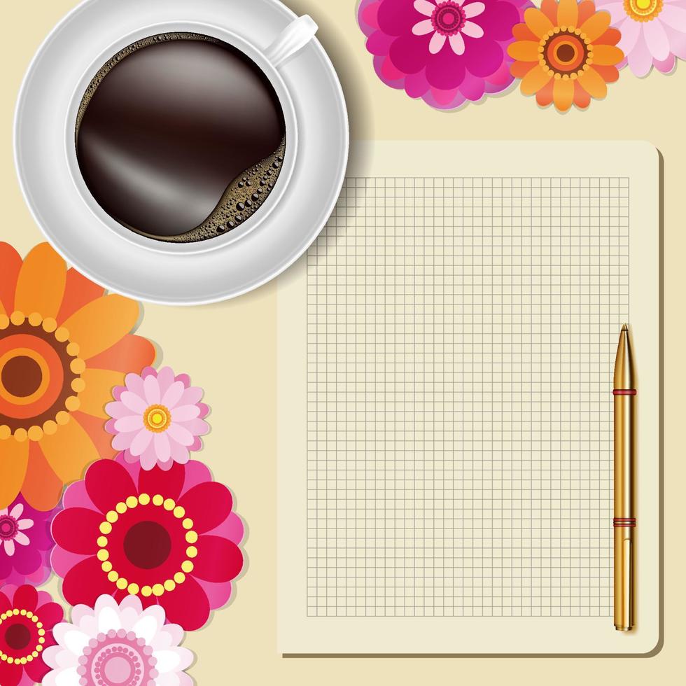 kopje koffie, bloemen, pen en papier op een houten tafel. groet bloemen kaart. vector plat lag ontwerp.