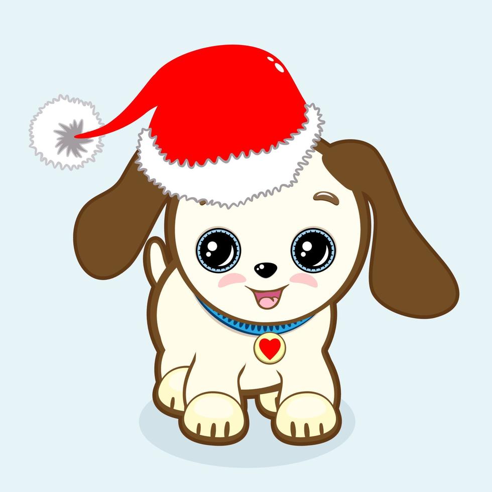 schattig puppy met expressief ogen en groot oren zetten Aan de hoofd van Kerstmis kap. weinig hond icoon. vector dierenarts of huisdier winkel symbool. gemakkelijk tekenfilm illustratie.
