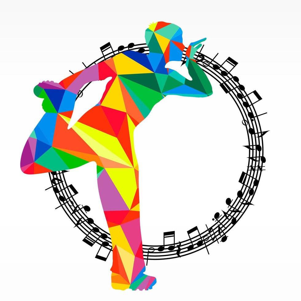 Poligon silhouet dansen menselijk en melodie cirkel, vector muziek- strijd partij achtergrond.