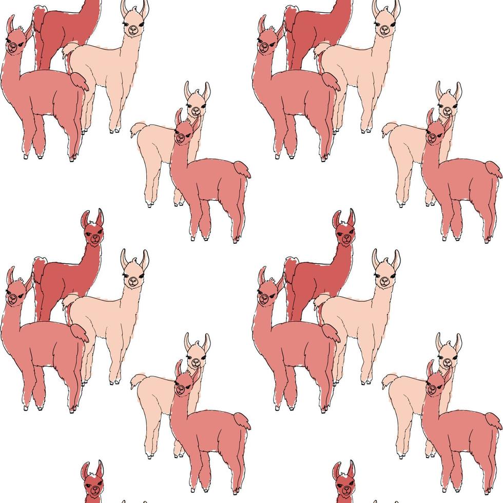 naadloos patroon met schattig roze lama's, alpaca's. vector illustratie in schetsen stijl, hand- tekening