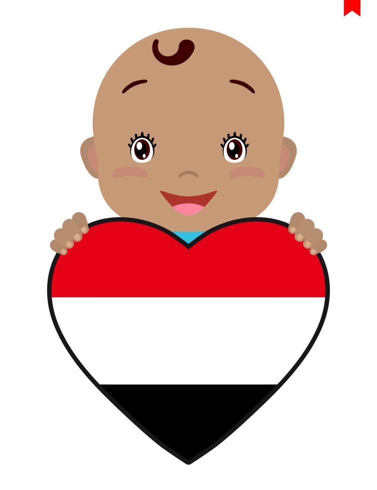glimlachen gezicht van een kind, een baby en een Jemen vlag in de vorm van een hart. symbool van patriottisme, onafhankelijkheid, reis, embleem van liefde. vector