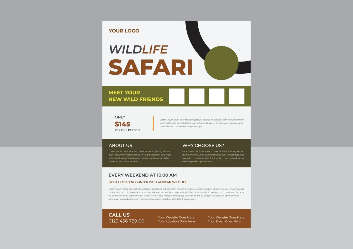 dieren in het wild safari folder, opslaan dieren in het wild poster ontwerp, savanne tour poster met dieren folder. vector