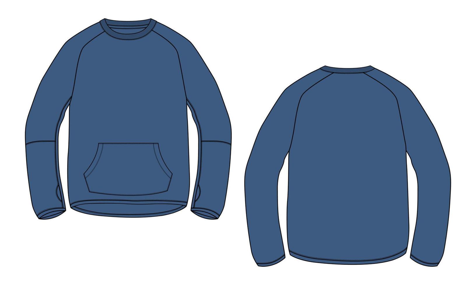 lang mouw sweater technisch mode vlak schetsen vector illustratie blauw kleur sjabloon voorkant en terug keer bekeken. katoen fleece Jersey winter kleding ontwerp bespotten omhoog cad