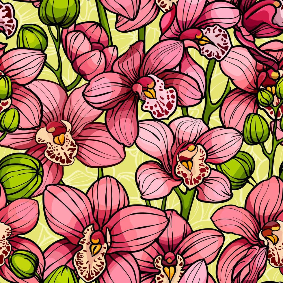 roze orchideeën Aan geel achtergrond, naadloos vector patroon. hand- getrokken illustratie. exotisch tropisch bloemen