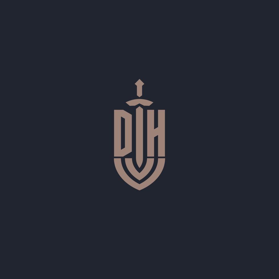 dh logo monogram met zwaard en schild stijl ontwerp sjabloon vector