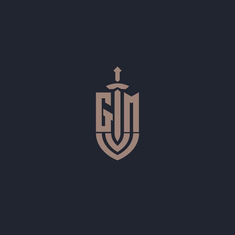 gm logo monogram met zwaard en schild stijl ontwerp sjabloon vector