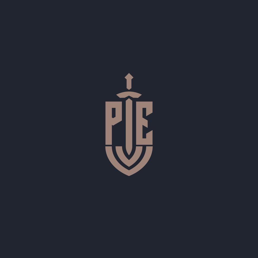 pe logo monogram met zwaard en schild stijl ontwerp sjabloon vector
