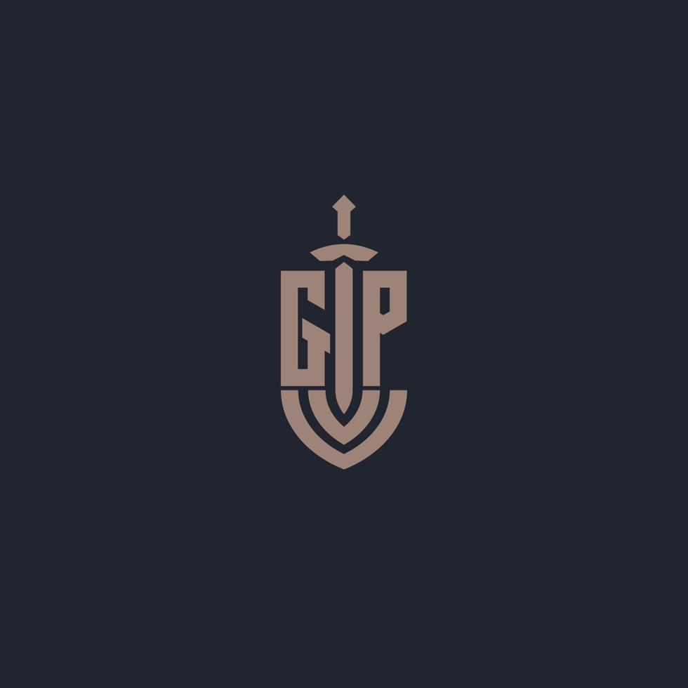 gp logo monogram met zwaard en schild stijl ontwerp sjabloon vector