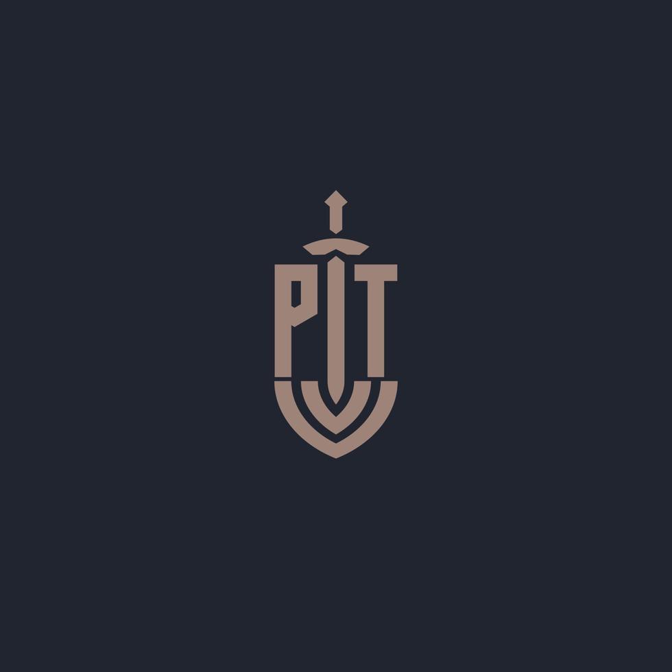 pt logo monogram met zwaard en schild stijl ontwerp sjabloon vector