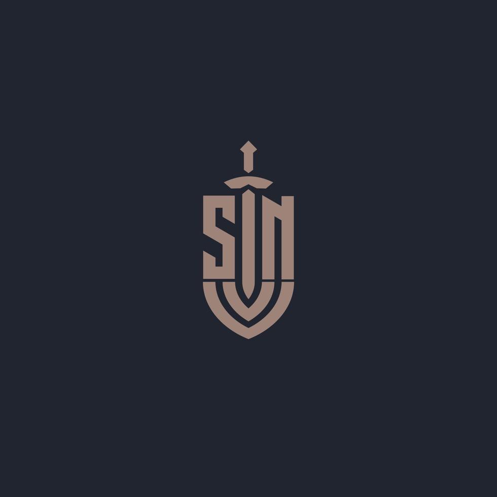 sn logo monogram met zwaard en schild stijl ontwerp sjabloon vector