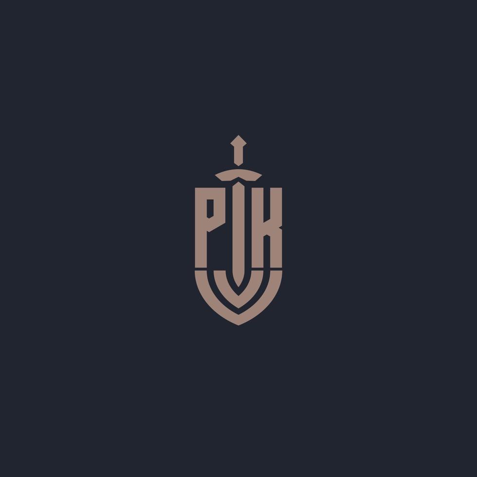 pk logo monogram met zwaard en schild stijl ontwerp sjabloon vector