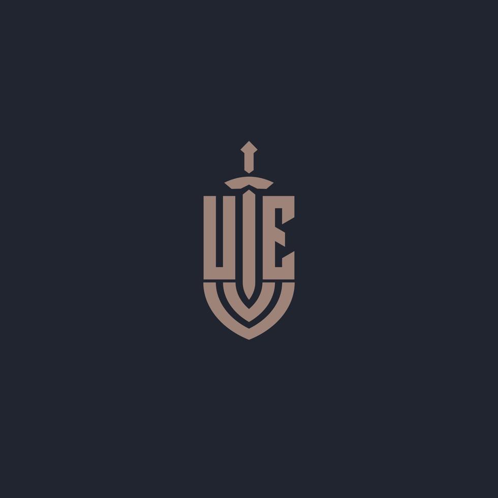 ue logo monogram met zwaard en schild stijl ontwerp sjabloon vector