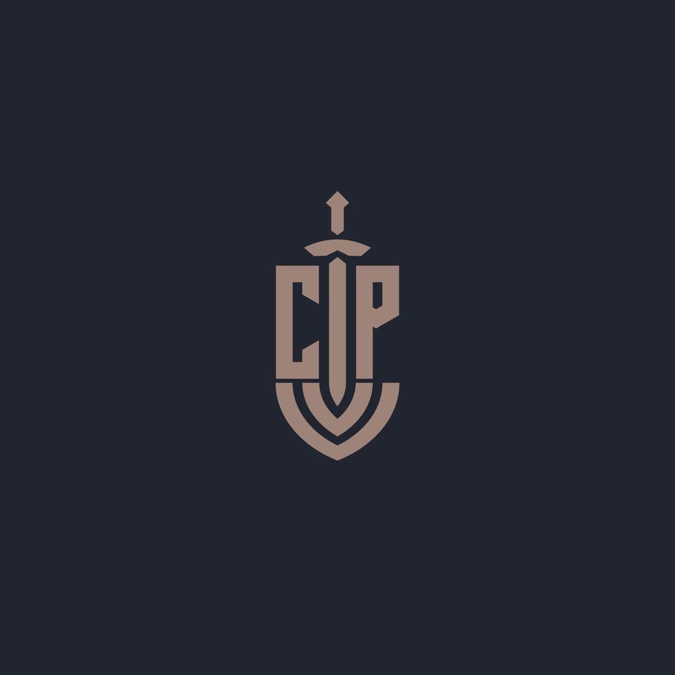 cp logo monogram met zwaard en schild stijl ontwerp sjabloon vector