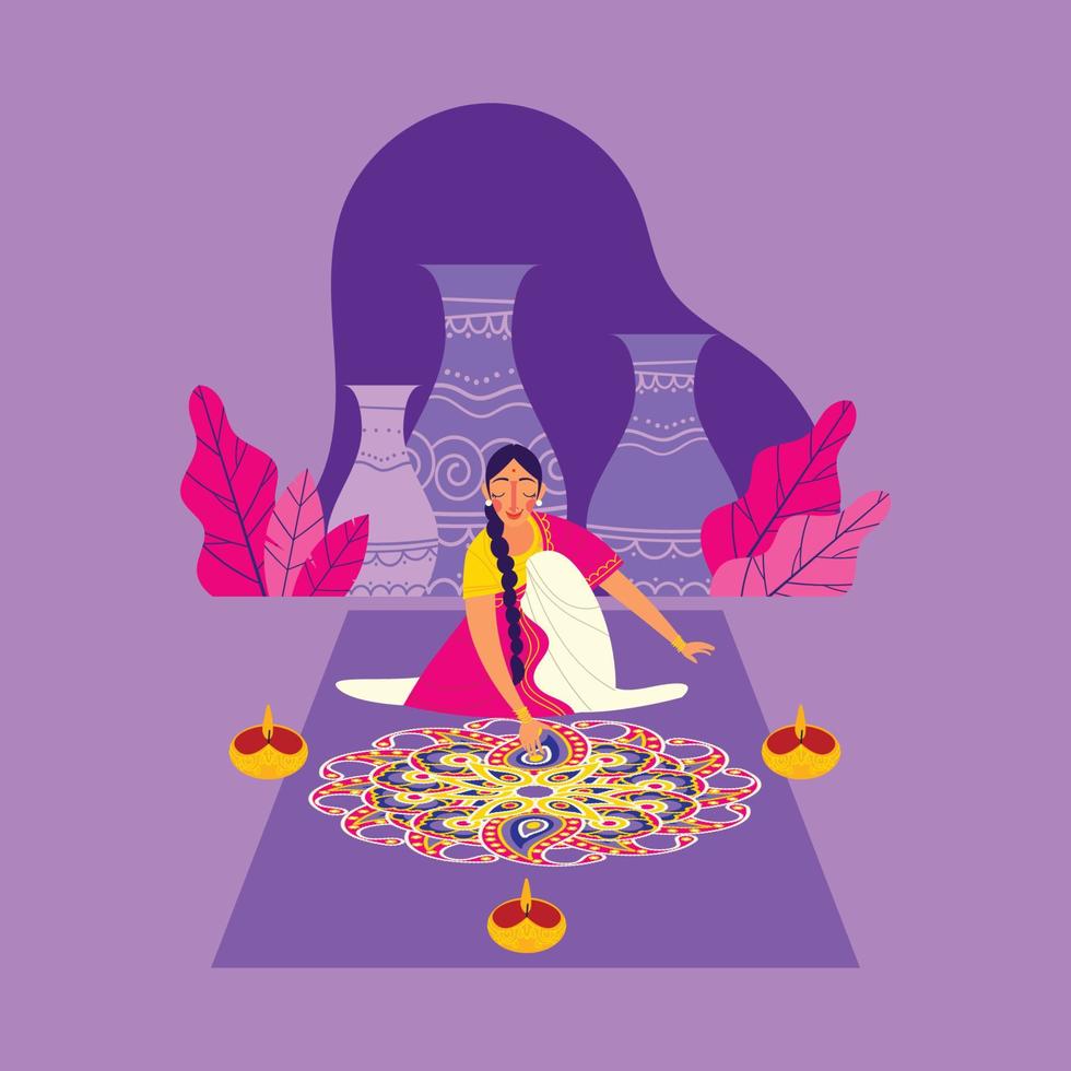 Indisch vrouw maken rangoli in diwali dag vector