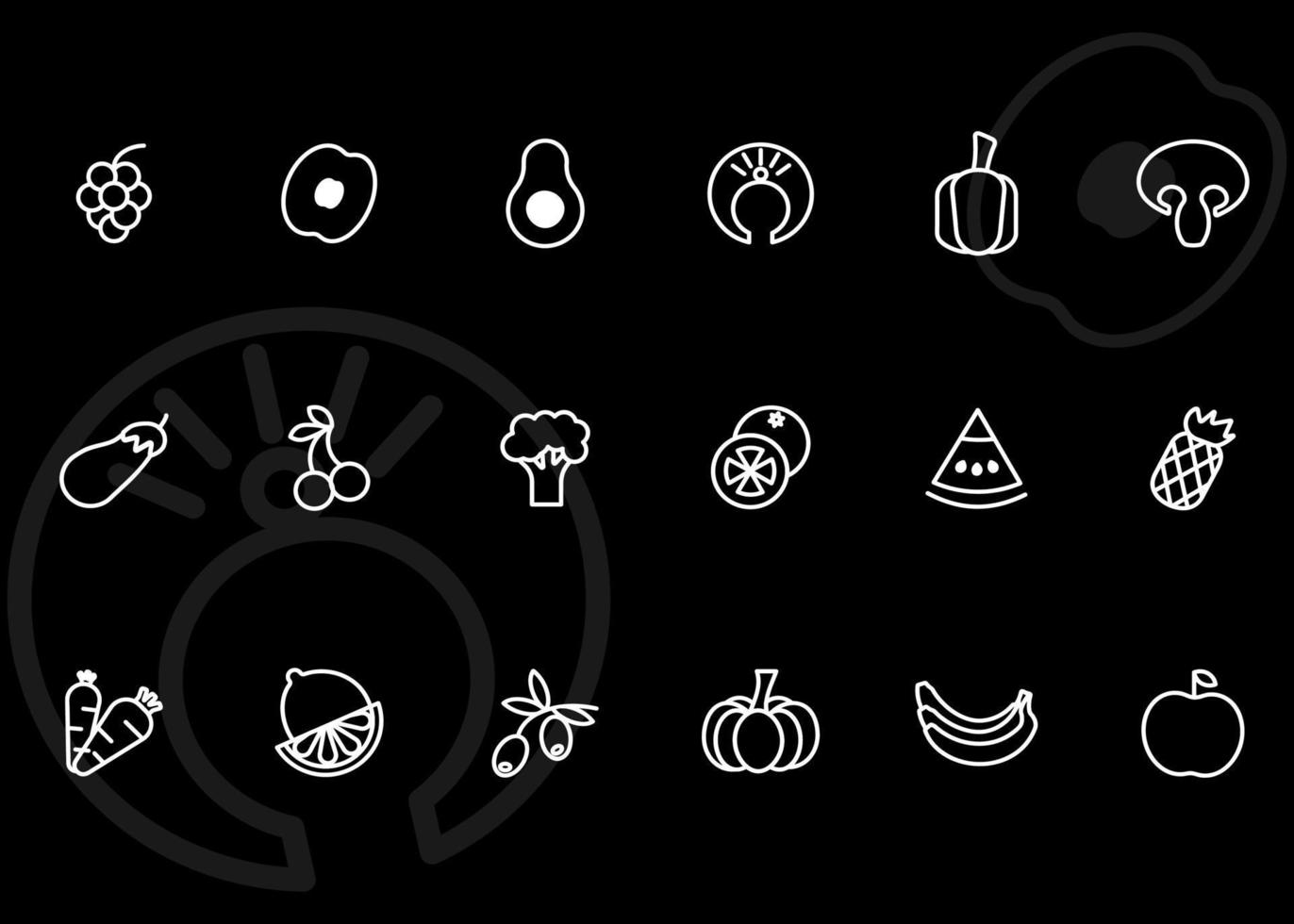 vlak, contour pictogrammen van fruit en groenten Aan een zwart achtergrond in de stijl van een patroon vector