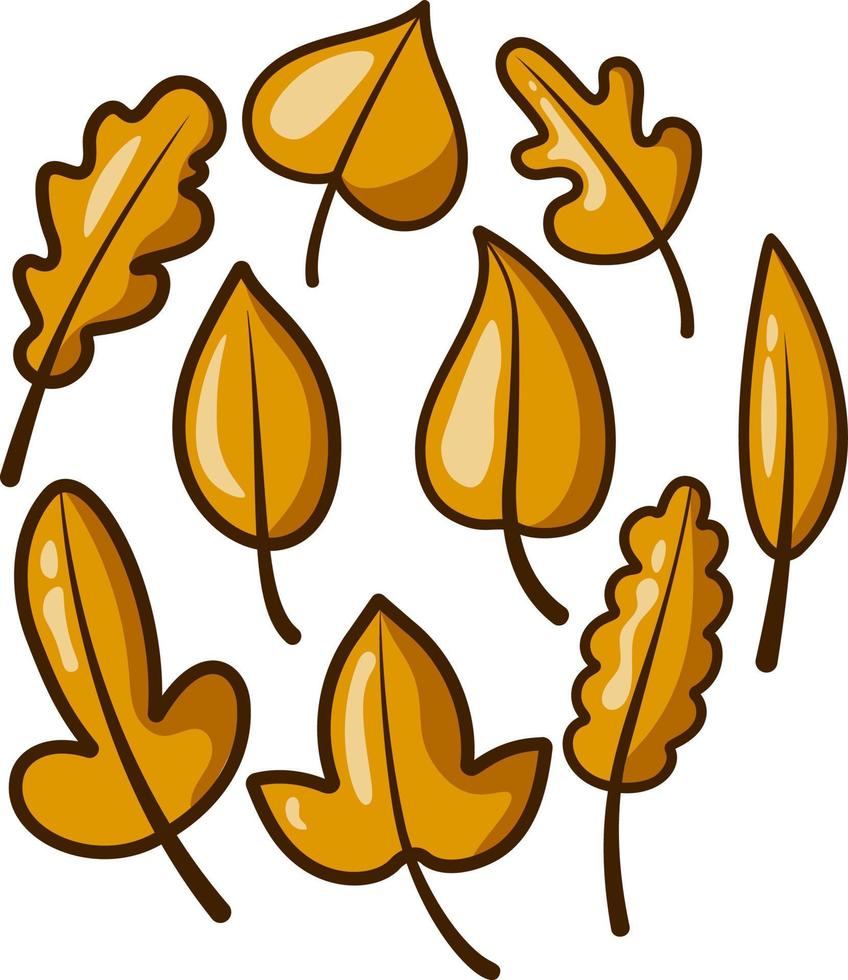 herfst bladeren. droog gedaald blad. vallen Woud geel gebladerte. droog fabriek bladeren, herfst- vallend blad vector set. seizoensgebonden herbarium. hand- getrokken. schattig tekenfilm stijl. knus herfst. Hallo herfst.