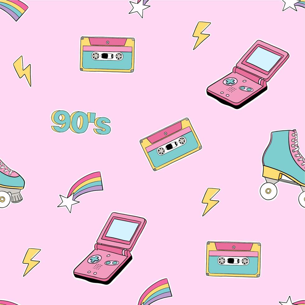 naadloos patroon van verschillend retro elementen Aan roze achtergrond. rol schaatsen, cassette, ster, bliksem en andere elementen. hand- getrokken vector illustratie. grappig stijl 80s en 90s