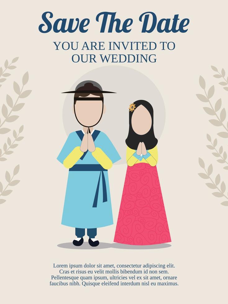 bruid vervelend hanbok met Islamitisch Moslim stijl geschikt voor bruiloft uitnodiging vector