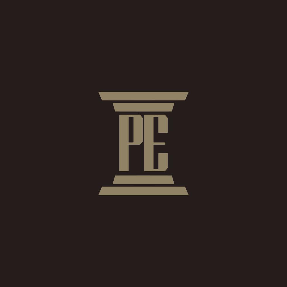 pe monogram eerste logo voor advocatenkantoor met pijler ontwerp vector