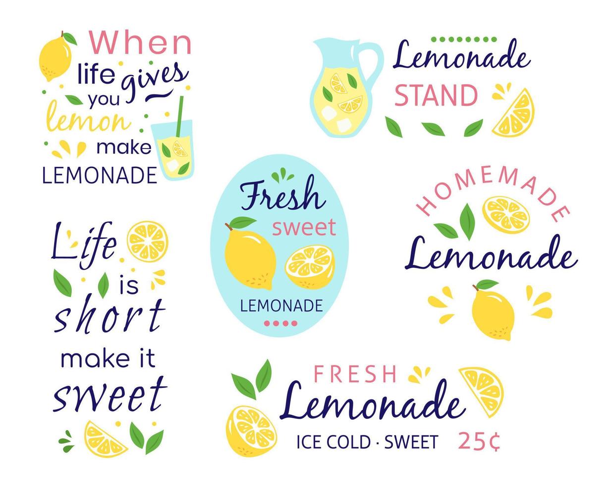 een reeks van illustraties met citaten over limonade en citroen. vector