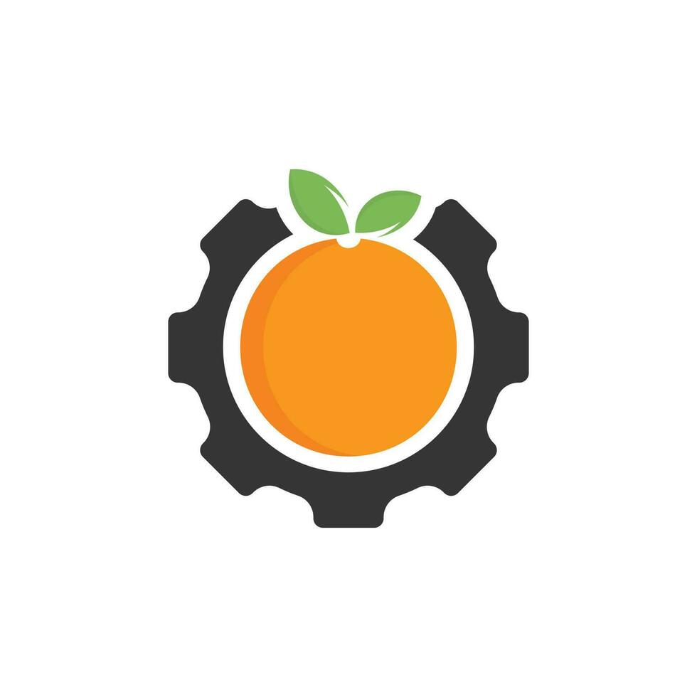 uitrusting met vers oranje logo ontwerp. tand wiel en fruit vector icoon logo ontwerp