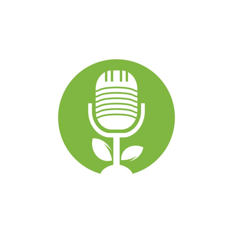 podcast blad natuur ecologie vector logo ontwerp. podcast talkshow-logo met microfoon en bladeren.