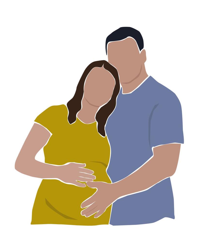 een paar van mannen en Dames, toekomst ouders ervan uitgaand een kind. zwanger vrouw en man knuffel. de concept van familie, liefde, moederschap. vector grafiek.