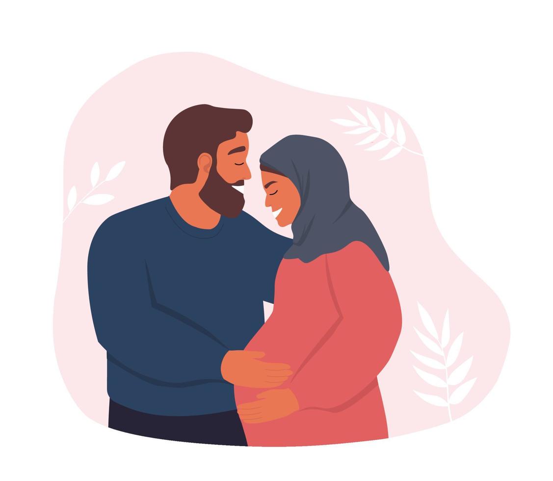 een paar van moslim mannen en Dames, verwachtend ouders ervan uitgaand een kind. zwanger vrouw en man knuffel. de concept van familie, liefde, moederschap. vector grafiek.