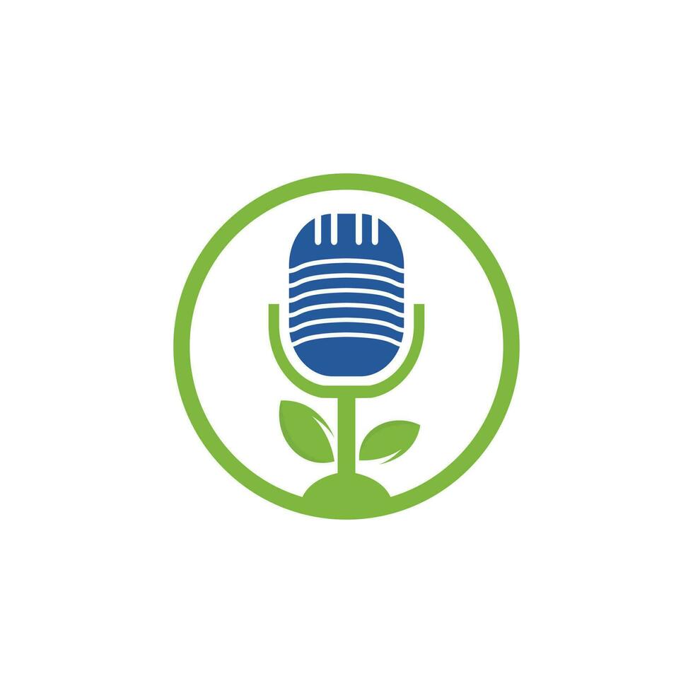 podcast blad natuur ecologie vector logo ontwerp. podcast talkshow-logo met microfoon en bladeren.