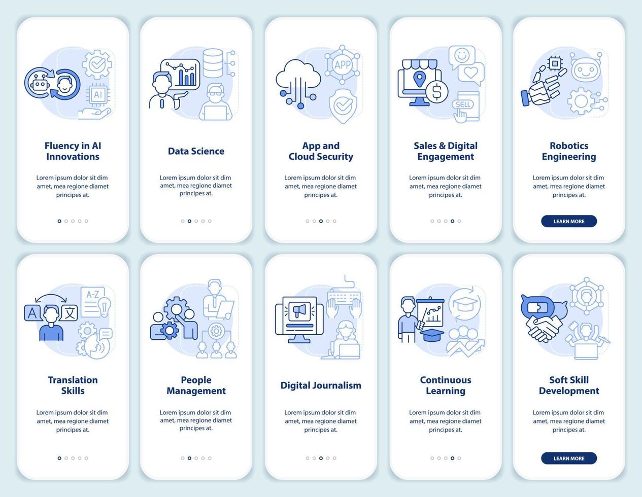 tech vaardigheden en cursussen licht blauw onboarding mobiel app scherm set. walkthrough 5 stappen grafisch instructies Pagina's met lineair concepten. ui, ux, gui sjabloon. vector