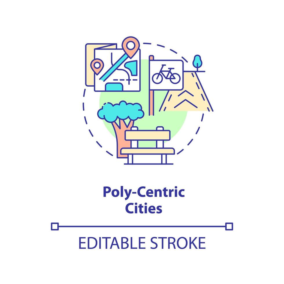 polycentrisch steden concept icoon. stedelijk ontwikkeling beginsel abstract idee dun lijn illustratie. grootstedelijk systeem. geïsoleerd schets tekening. bewerkbare hartinfarct. vector