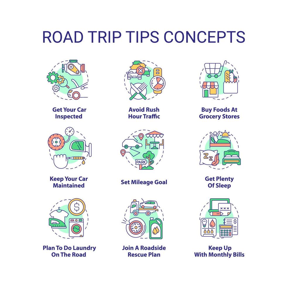 weg reis tips concept pictogrammen set. planning reizen. auto avontuur aanbevelingen idee dun lijn kleur illustraties. geïsoleerd symbolen. bewerkbare hartinfarct. vector