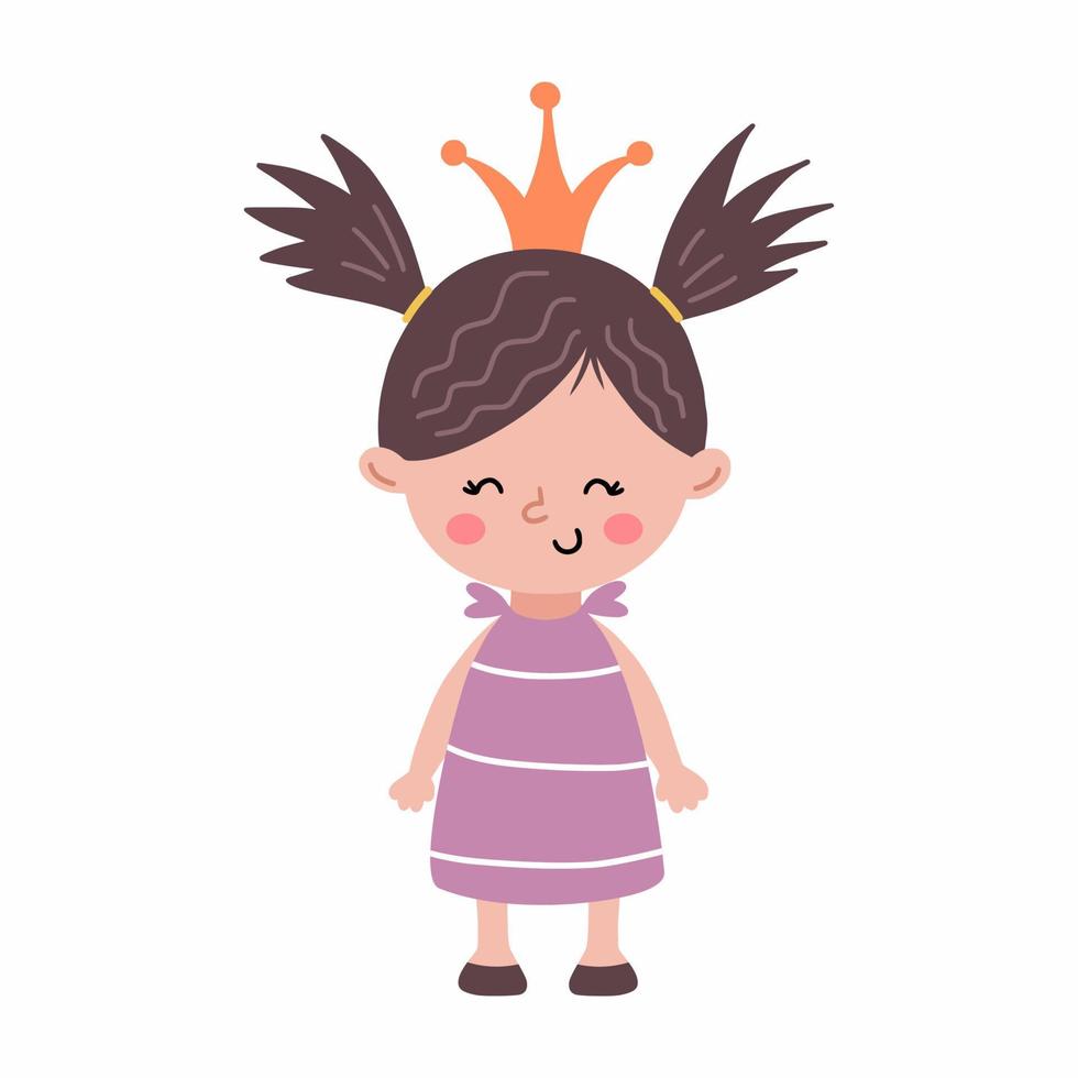 schattig prinses met mooi kapsel. weinig meisje in jurk. kroon Aan hoofd. grappig karakter. illustratie voor kinderen. poster kinderkamer. vector