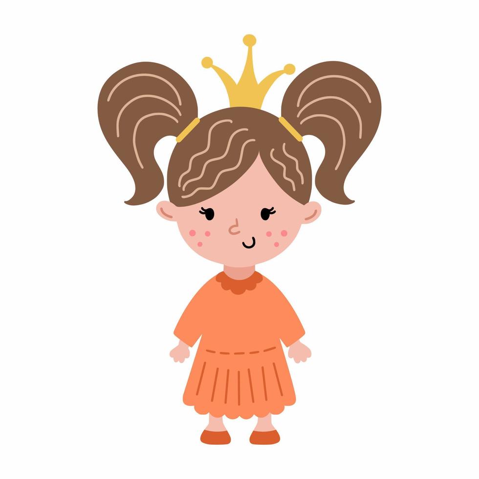 schattig prinses met mooi kapsel. weinig meisje in jurk. kroon Aan hoofd. grappig karakter. illustratie voor kinderen. poster kinderkamer. vector