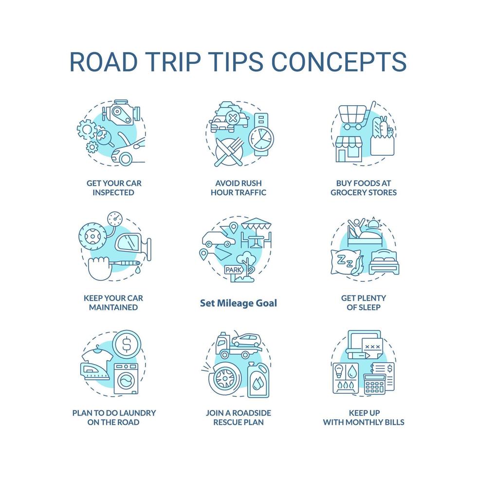 weg reis tips turkoois concept pictogrammen set. planning auto avontuur aanbevelingen idee dun lijn kleur illustraties. geïsoleerd symbolen. bewerkbare hartinfarct. vector