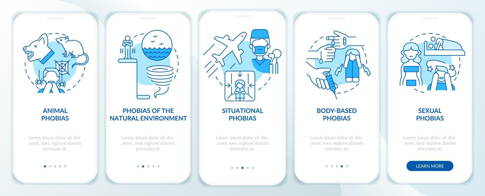 specifiek fobieën blauw onboarding mobiel app scherm. ongerustheid wanorde walkthrough 5 stappen grafisch instructies Pagina's met lineair concepten. ui, ux, gui sjabloon. vector