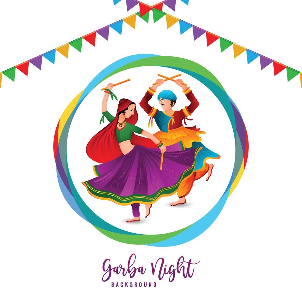 mooi paar spelen dandiya Bij garba nacht evenement vakantie kaart achtergrond vector