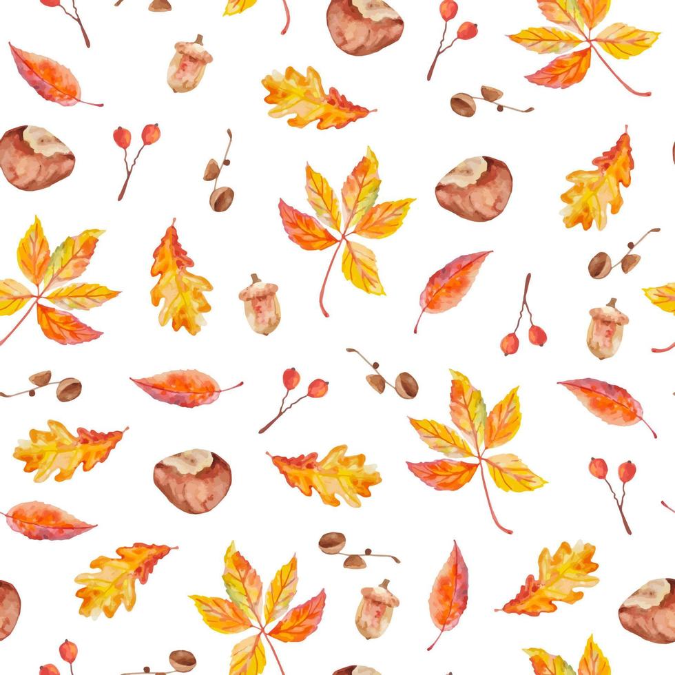 herfst Woud naadloos patroon met kastanjes, eikels, bessen en bladeren waterverf hand- getrokken vector