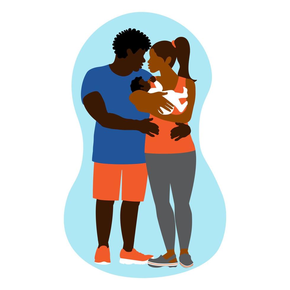 gelukkig Afrikaanse Amerikaans familie met een baby in hun armen. omarmen. ouderlijk zorg voor kinderen. paar liefde. vector