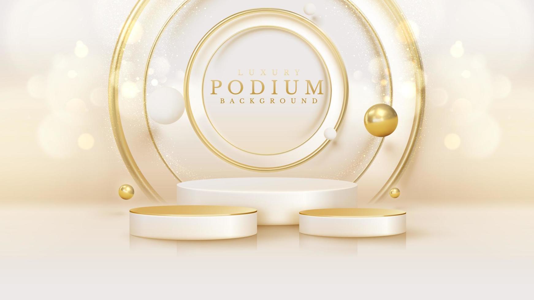 productdisplay-podium met gouden curve-lijnelement en baldecoratie en glitter-lichteffect. vector